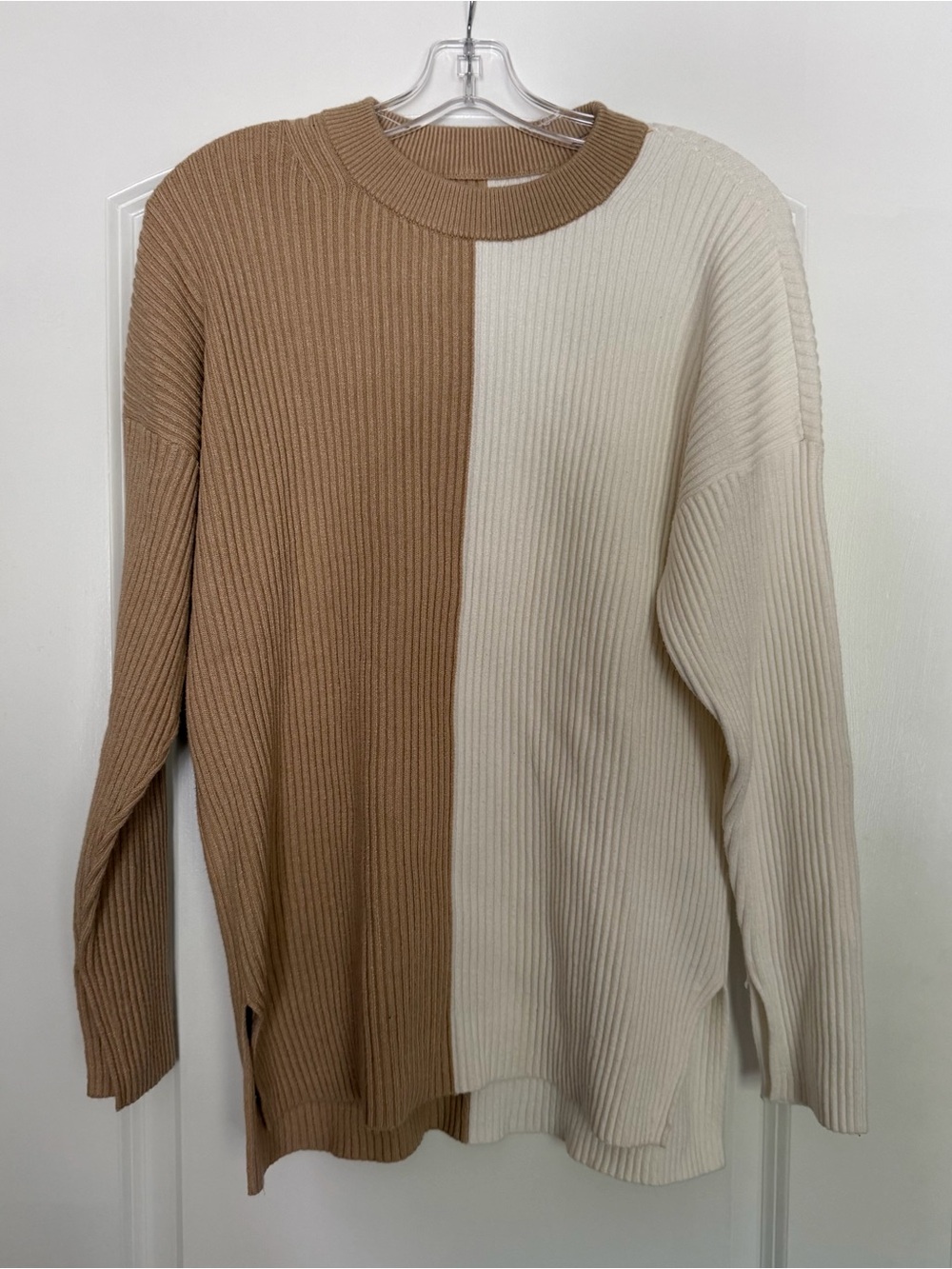 Abercrombie & Fitch Two-Tone Ribbed Crewneck Sweater - Camel & Cream